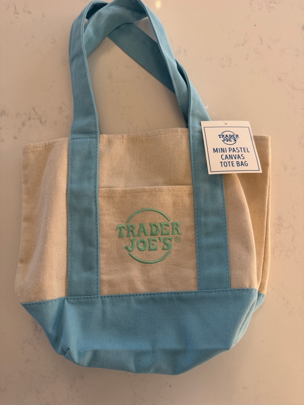 Trader Joe's Cream Canvas Tote with Light Blue Accents